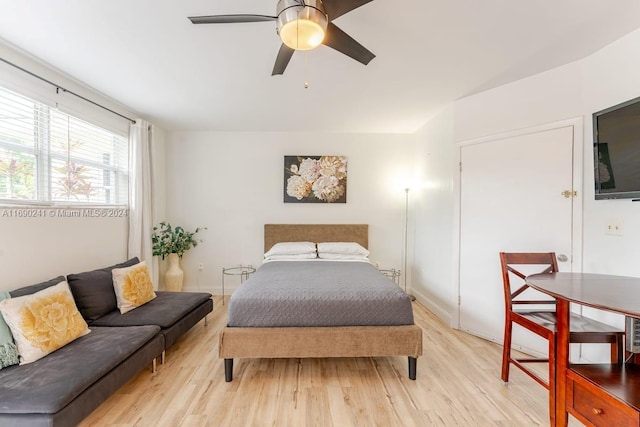 bedroom featuring ceiling fan and light hardwood / wood-style flooring