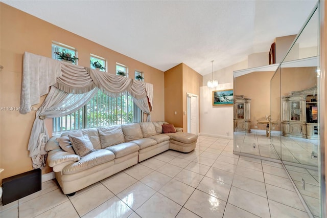 tiled living room with lofted ceiling