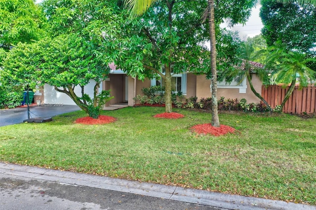 view of property hidden behind natural elements featuring a front yard and a garage