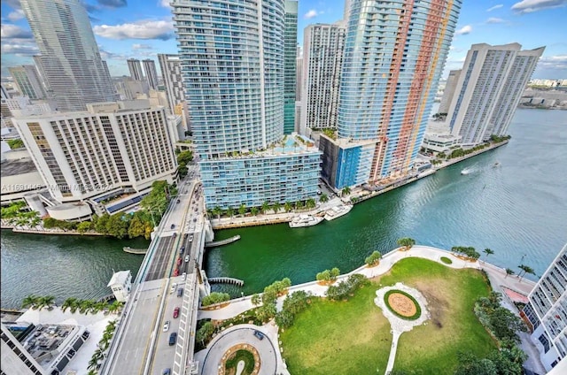 aerial view featuring a water view