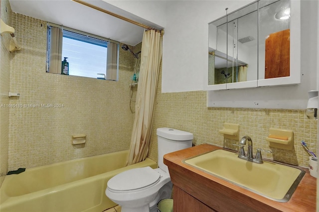 full bathroom with tile walls, shower / bath combination with curtain, vanity, decorative backsplash, and toilet