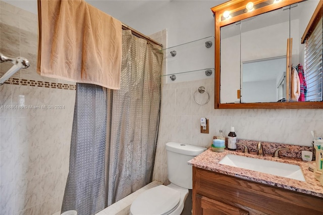 bathroom with toilet, tile walls, decorative backsplash, vanity, and a shower with shower curtain