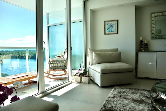 interior space featuring a water view