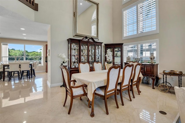 dining area featuring a healthy amount of sunlight and a high ceiling