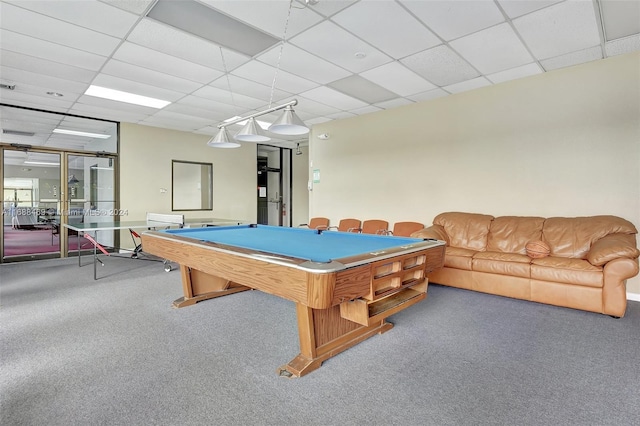 game room with carpet flooring, billiards, and a drop ceiling