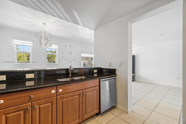 kitchen with dishwasher, sink, a healthy amount of sunlight, and dark stone countertops