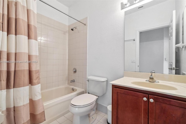 full bathroom with toilet, vanity, tile patterned floors, and shower / bathtub combination with curtain