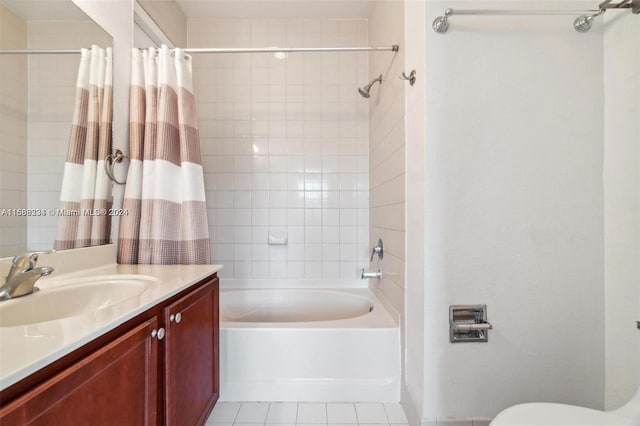 full bathroom with tile patterned flooring, vanity, toilet, and shower / bath combination with curtain