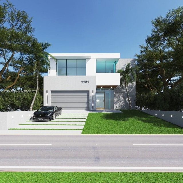 contemporary house featuring a front lawn