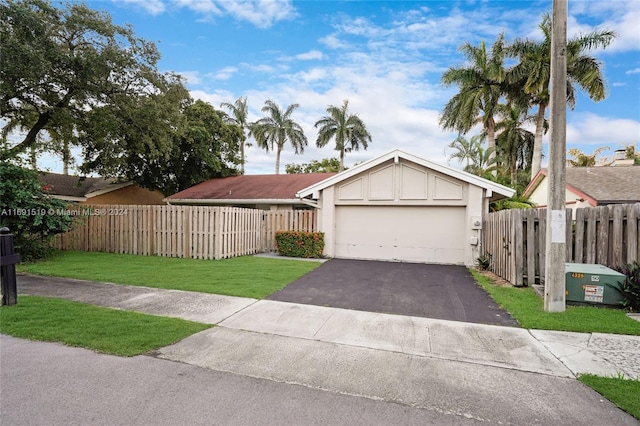 ranch-style house with a front yard and a garage