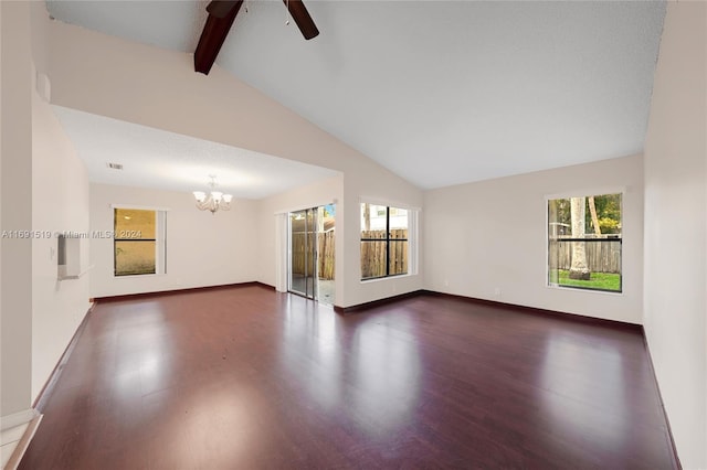 unfurnished room with ceiling fan with notable chandelier, beam ceiling, dark wood-type flooring, and high vaulted ceiling