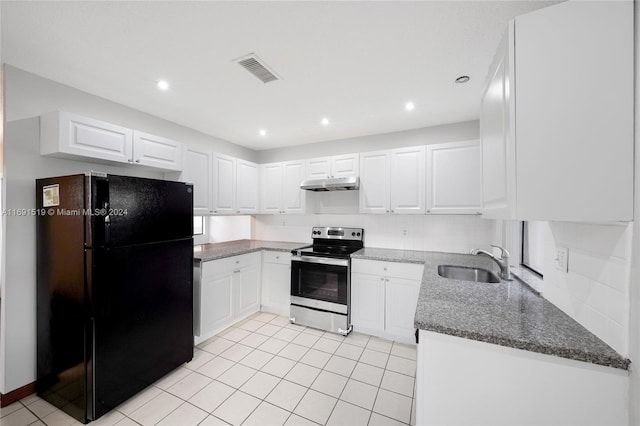 kitchen with white cabinetry, sink, electric range, black fridge, and dark stone counters