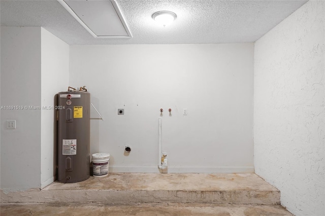 laundry room featuring electric water heater, a textured ceiling, and hookup for an electric dryer