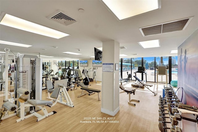 workout area featuring a wall of windows and light wood-type flooring