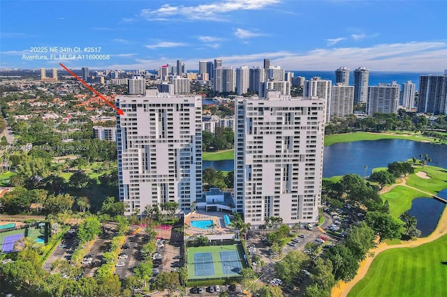 bird's eye view with a water view