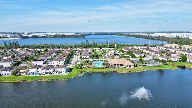 drone / aerial view featuring a water view