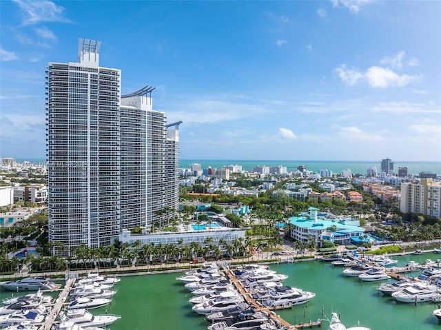 bird's eye view with a water view