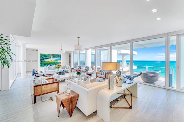 living room with a water view, light hardwood / wood-style floors, and plenty of natural light