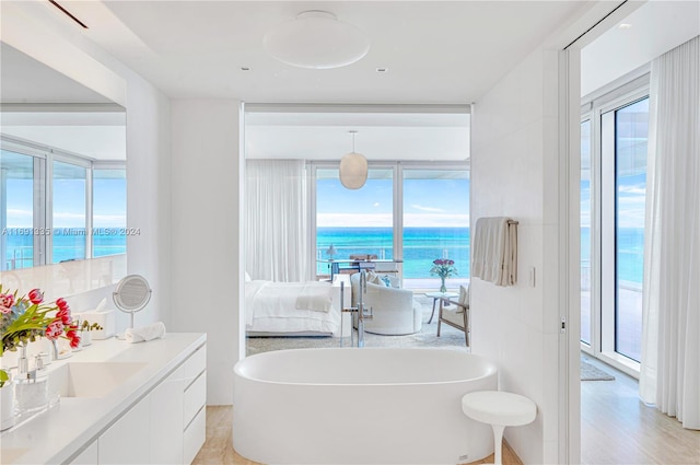 bathroom featuring a wealth of natural light, a bathtub, vanity, and a water view