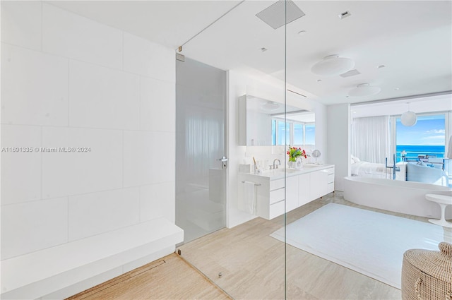 bathroom featuring vanity, a healthy amount of sunlight, and tile walls