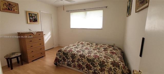 bedroom featuring light hardwood / wood-style flooring and ceiling fan