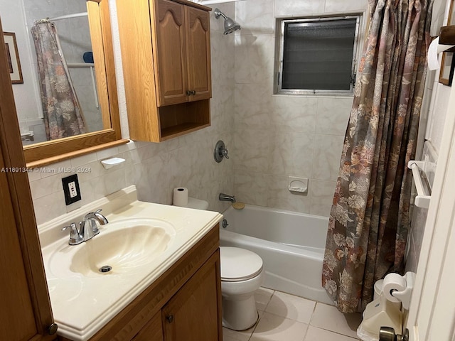 full bathroom featuring shower / bath combination with curtain, backsplash, vanity, tile walls, and tile patterned flooring