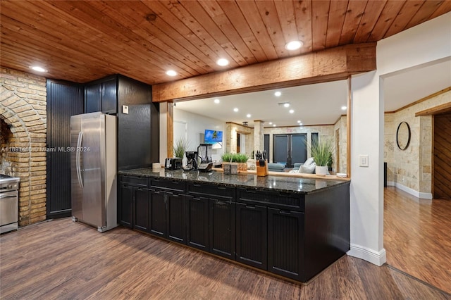 kitchen with dark stone counters, wooden ceiling, stainless steel appliances, and wood-type flooring