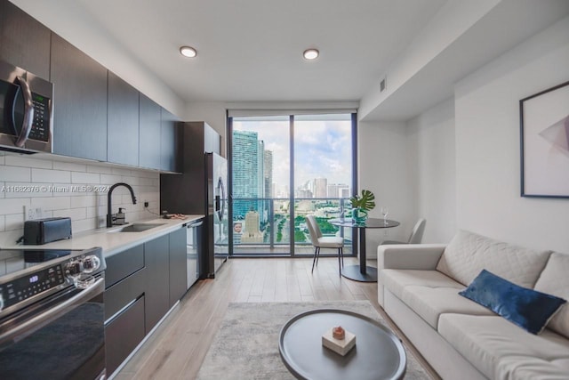 kitchen with light hardwood / wood-style floors, appliances with stainless steel finishes, sink, and decorative backsplash