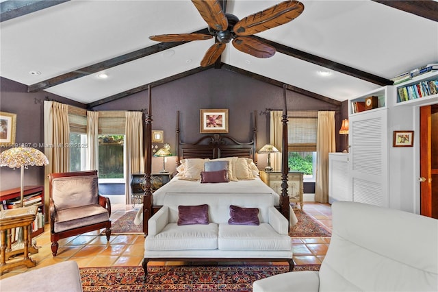 bedroom with light tile patterned floors, a ceiling fan, recessed lighting, and vaulted ceiling with beams