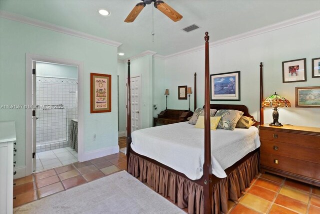 13470 SW 67th Ave, Pinecrest, FL 33156 - bedroom with ornamental molding, light tile patterned floors, recessed lighting, baseboards, and ensuite bath