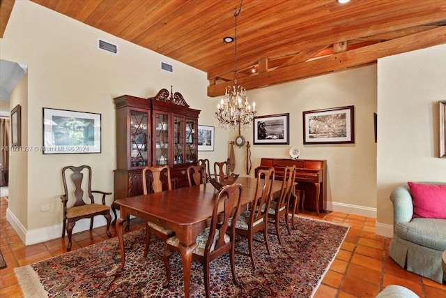 tiled dining area with vaulted ceiling, wooden ceiling, and a chandelier