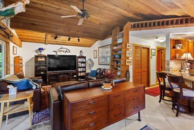 13470 SW 67th Ave, Pinecrest, FL 33156 - living area with wooden ceiling, a ceiling fan, light tile patterned floors, and track lighting