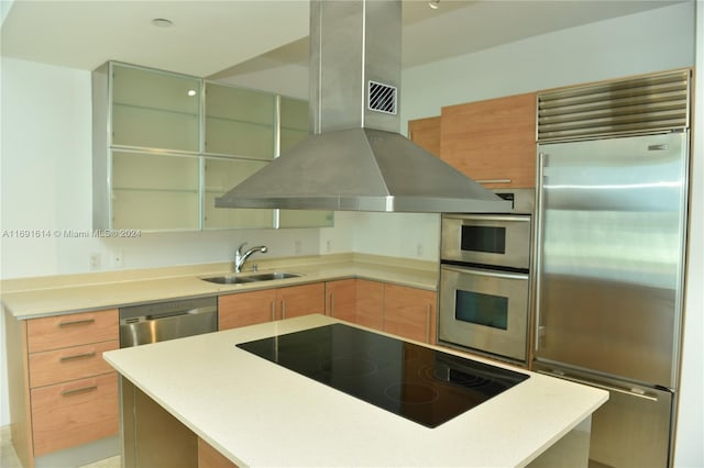 kitchen with stainless steel appliances, sink, ventilation hood, and a kitchen island