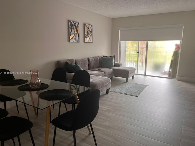 living room featuring light hardwood / wood-style floors and a textured ceiling