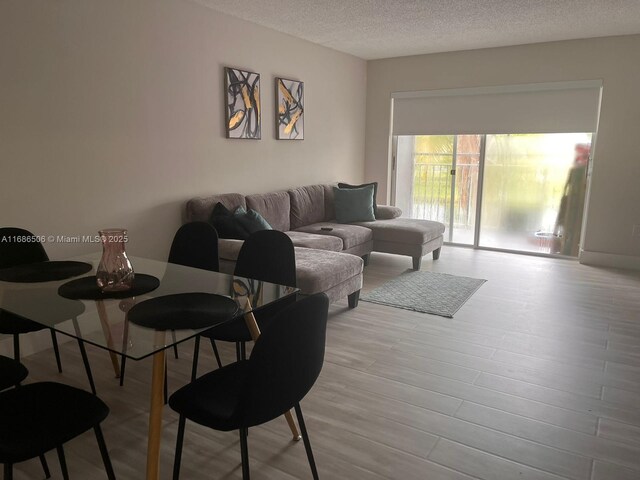 living room featuring hardwood / wood-style floors and a textured ceiling