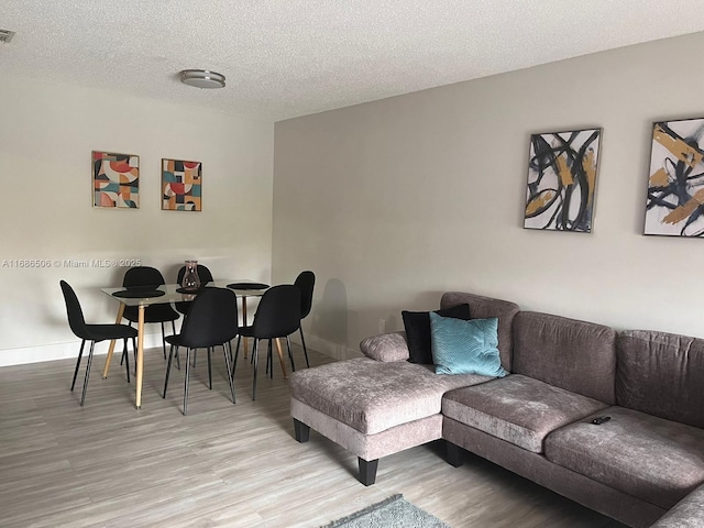 living room featuring light wood-type flooring and a textured ceiling