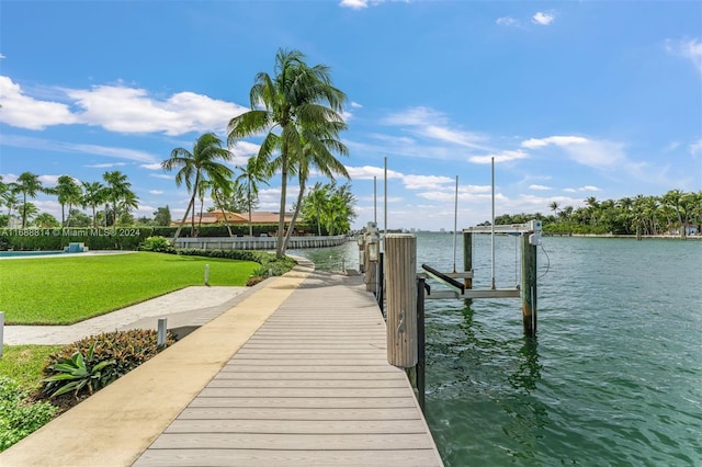 view of dock with a water view and a lawn