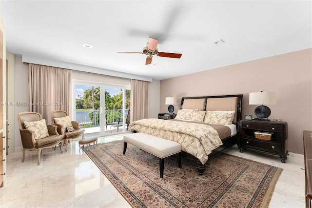 bedroom with access to outside and ceiling fan