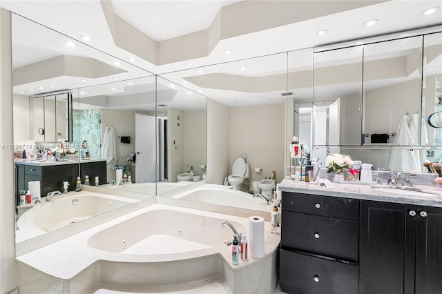 full bathroom featuring plus walk in shower, vanity, toilet, and a bidet