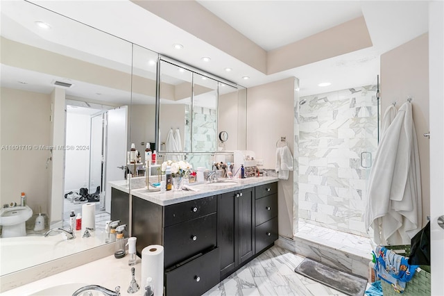 bathroom with vanity, walk in shower, a bidet, and tile walls