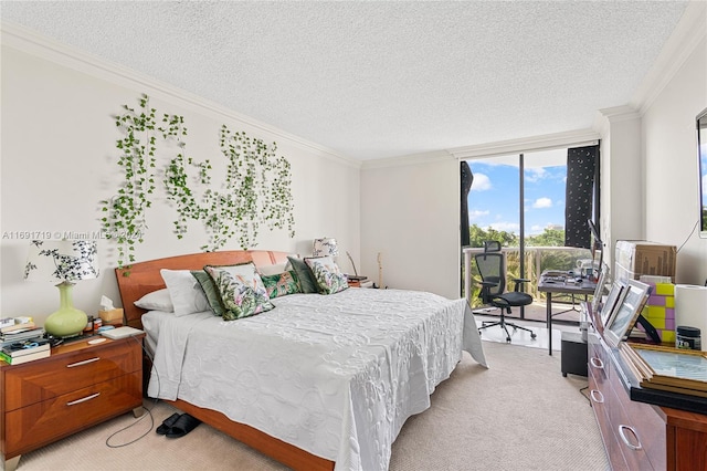 bedroom with floor to ceiling windows, access to exterior, crown molding, light colored carpet, and a textured ceiling