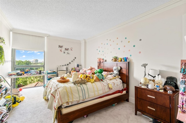 carpeted bedroom featuring ornamental molding and a textured ceiling