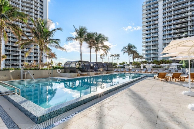 view of swimming pool with a patio area