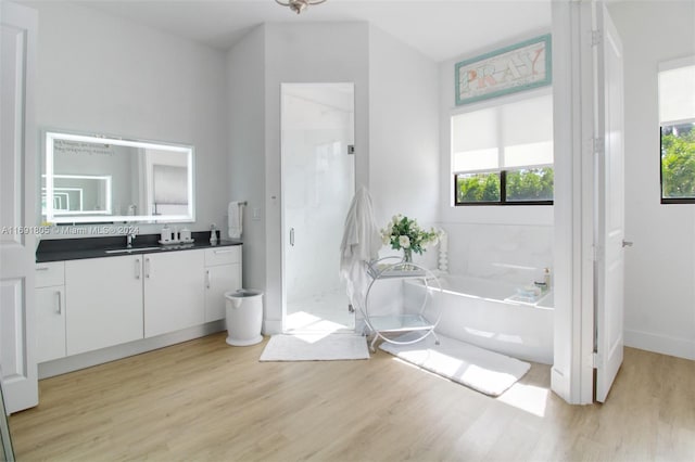 bathroom with hardwood / wood-style floors, vanity, and separate shower and tub