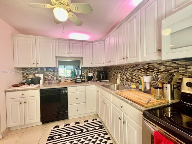 kitchen with white cabinetry, light tile patterned floors, stainless steel electric range oven, sink, and dishwasher