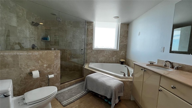 full bathroom featuring toilet, tile patterned floors, vanity, and plus walk in shower