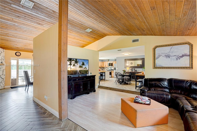 living room with high vaulted ceiling, light parquet floors, and wooden ceiling