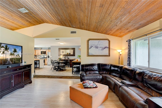 living room featuring wood ceiling, vaulted ceiling, and light hardwood / wood-style flooring