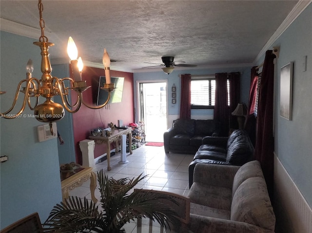 living room featuring ceiling fan, crown molding, and light tile patterned floors