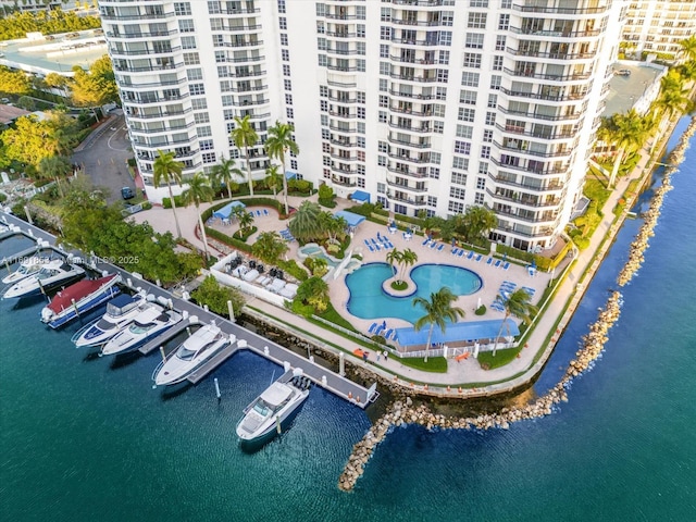 birds eye view of property featuring a water view